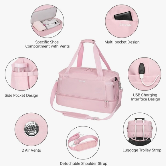 Pink Weekender/Gym/Travel Bag with 7 Compartments - Picture 4 of 7